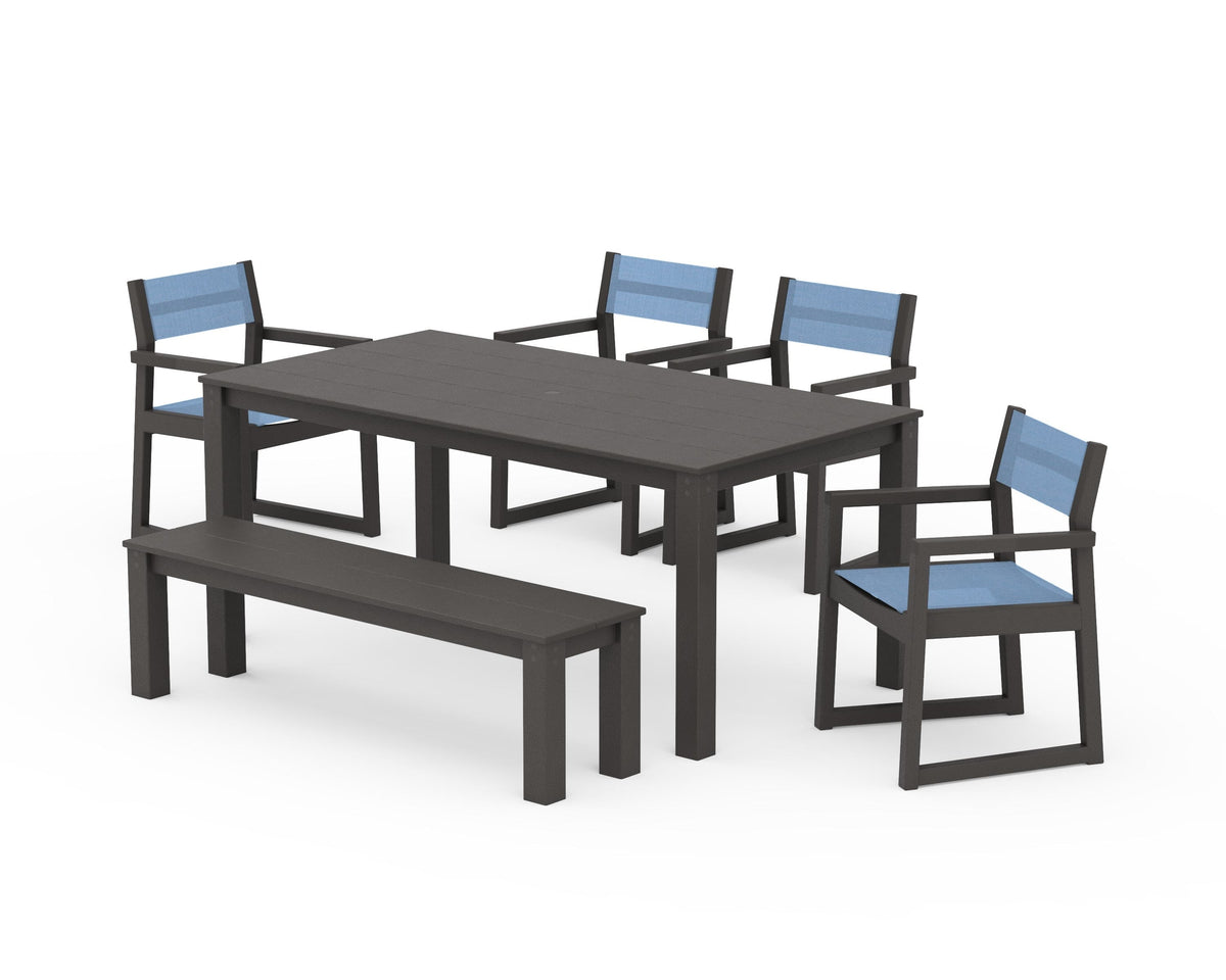 POLYWOOD EDGE Sling Arm Chair 6-Piece Parsons Dining Set with Bench in Vintage Coffee / Poolside