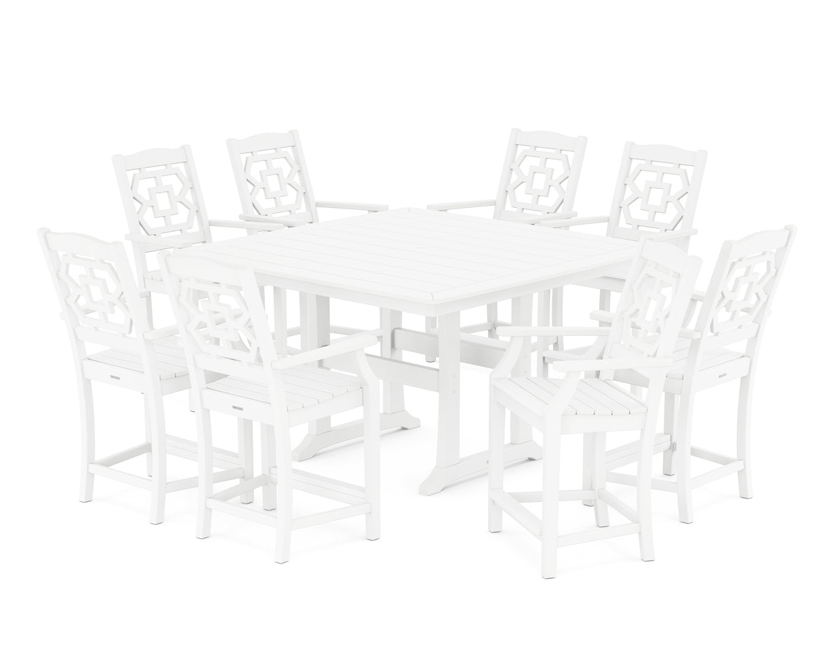 POLYWOOD Chinoiserie 9-Piece Square Counter Set with Trestle Legs in White