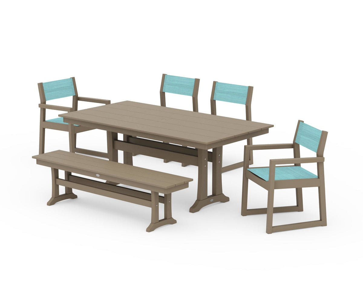 POLYWOOD EDGE Sling 6-Piece Farmhouse Dining Set With Trestle Legs in Vintage Sahara / Dupioni Aquamarine