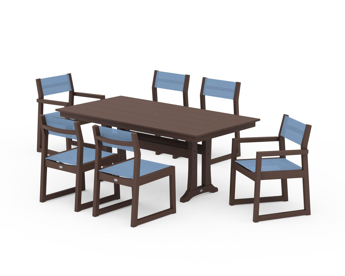 POLYWOOD EDGE Sling 7-Piece Farmhouse Trestle Dining Set in Mahogany / Poolside