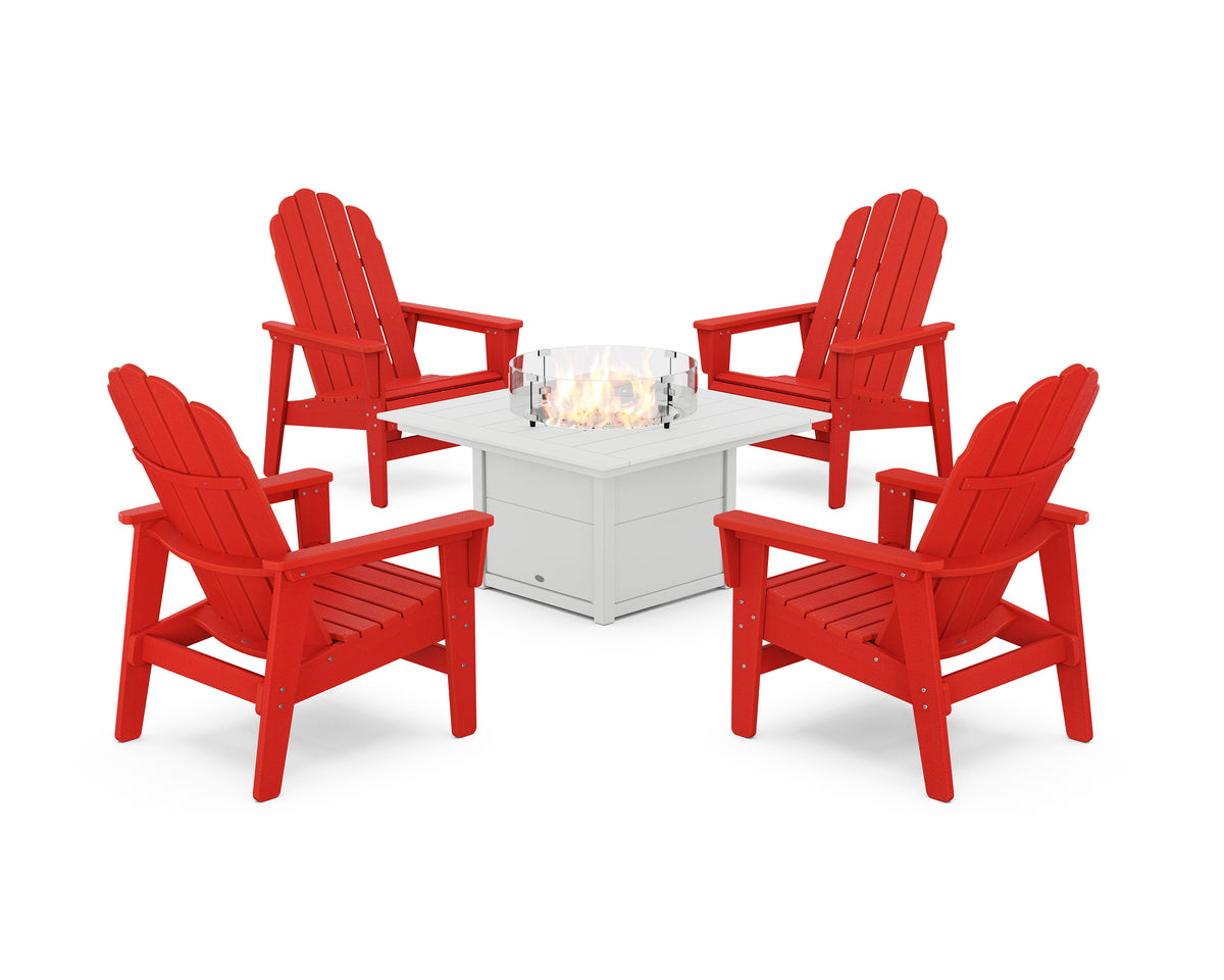 POLYWOOD 5-Piece Vineyard Grand Upright Adirondack Conversation Set with Fire Pit Table in Sunset Red / White