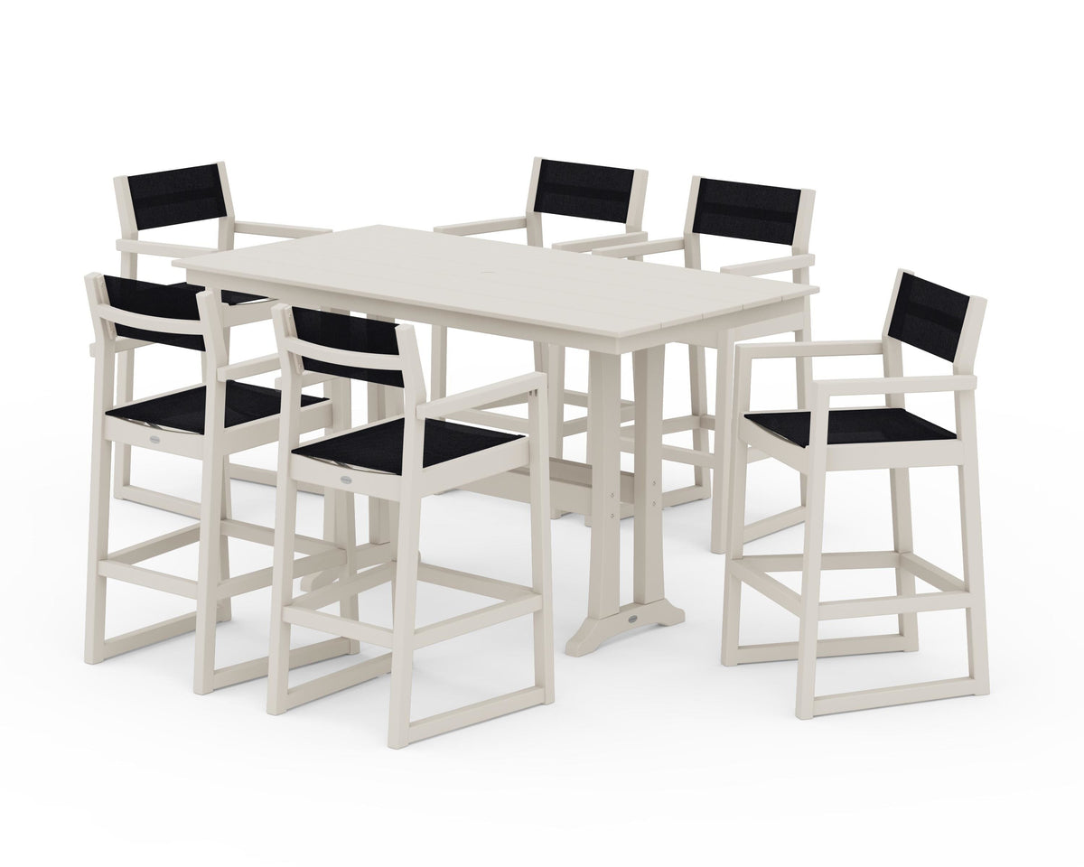 POLYWOOD EDGE Sling Arm Chair 7-Piece Farmhouse Bar Set with Trestle Legs in Sand / Black