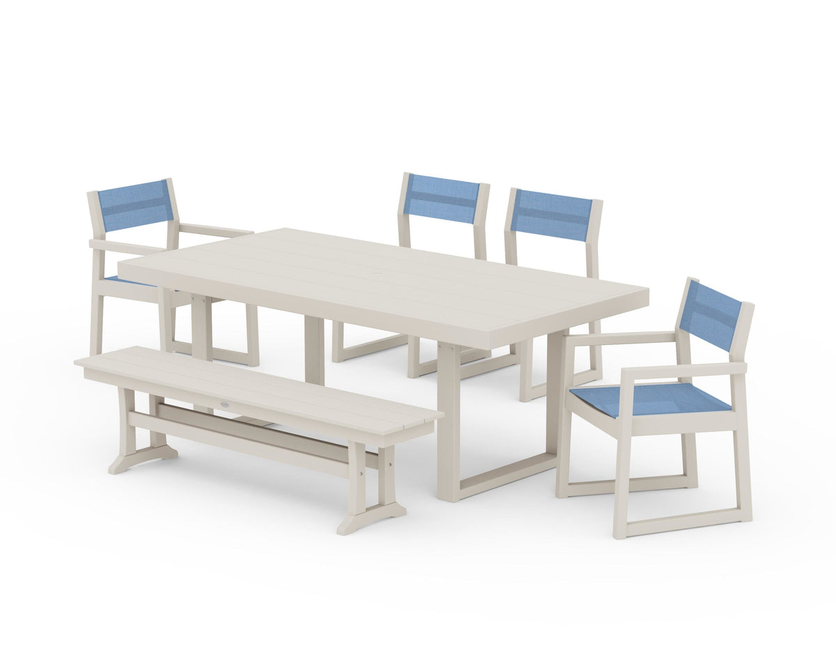 POLYWOOD EDGE Sling 6-Piece Dining Set with Bench in Sand / Poolside