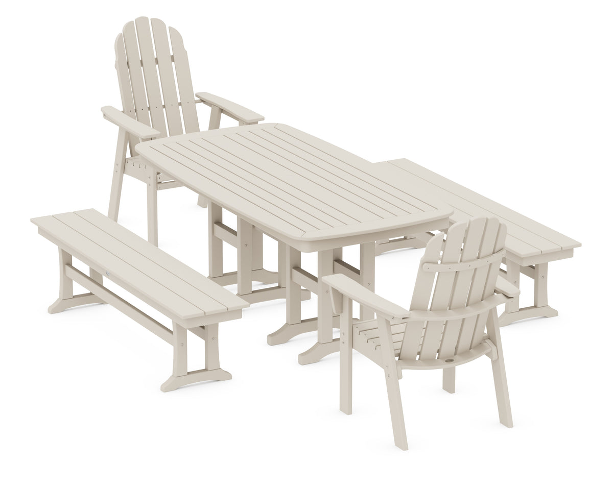 POLYWOOD Vineyard Adirondack 5-Piece Dining Set with Benches - 37" x 72" Table in Sand