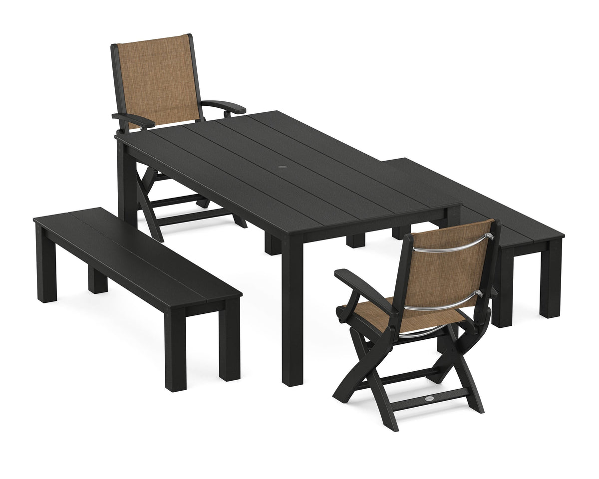 POLYWOOD Coastal Folding Chair 5-Piece Parsons Dining Set with Benches in Black / Burlap