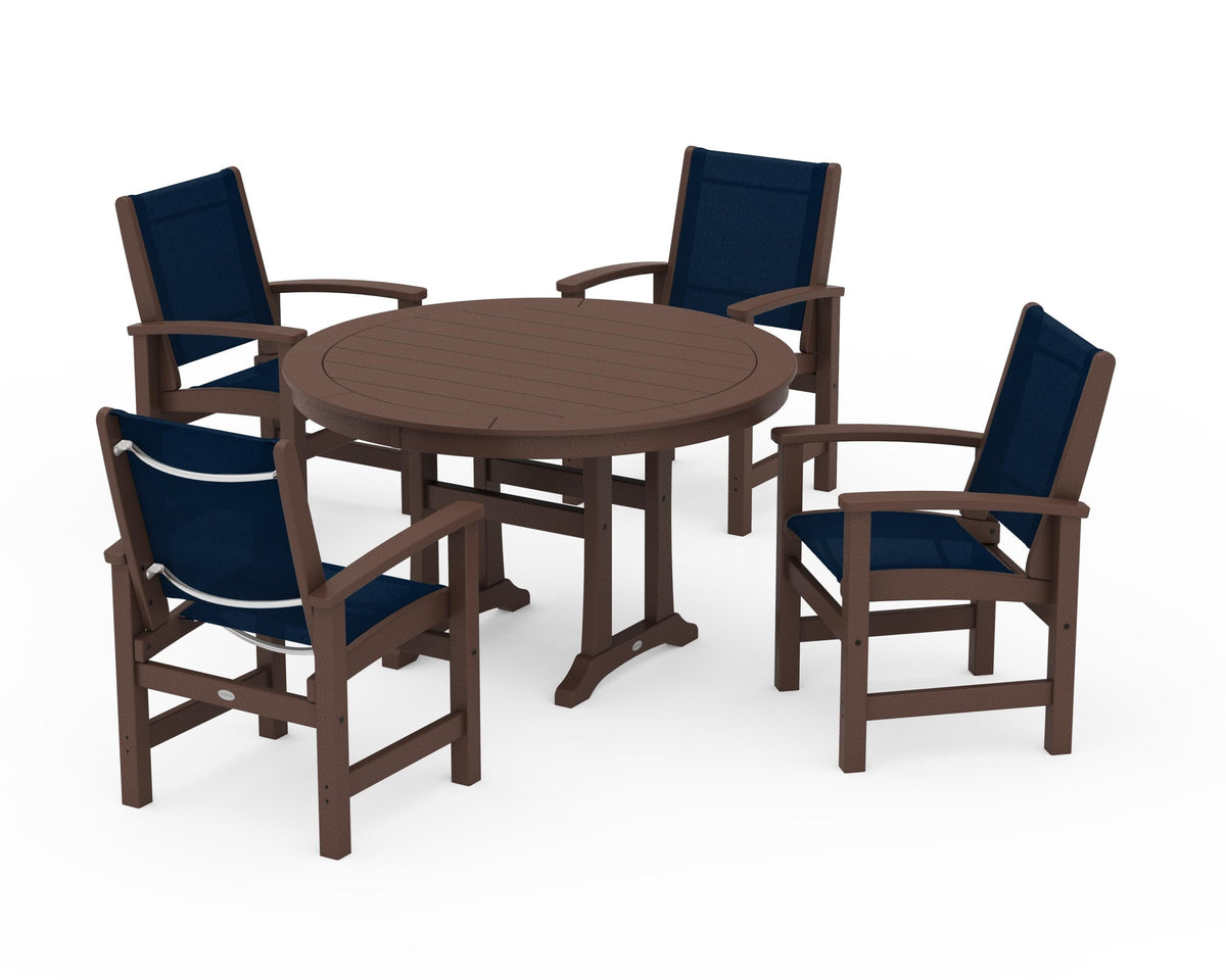 POLYWOOD Coastal 5-Piece Round Dining Set with Trestle Legs in Mahogany / Navy Blue