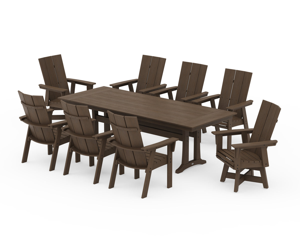POLYWOOD Modern Curveback Adirondack Swivel 9-Piece Farmhouse Dining Set with Trestle Legs in Kona