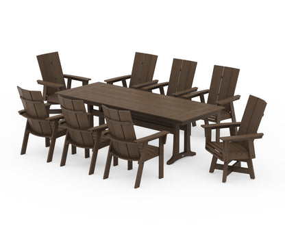 POLYWOOD Modern Curveback Adirondack Swivel 9-Piece Farmhouse Dining Set with Trestle Legs in Kona