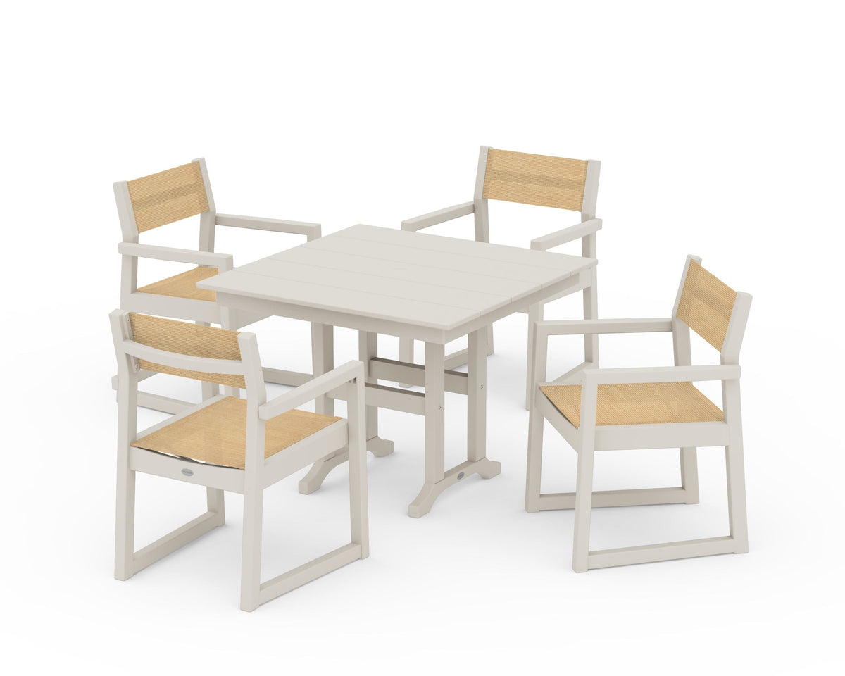 POLYWOOD EDGE Sling Arm Chair 5-Piece Farmhouse Dining Set in Sand / Dupioni Apricot
