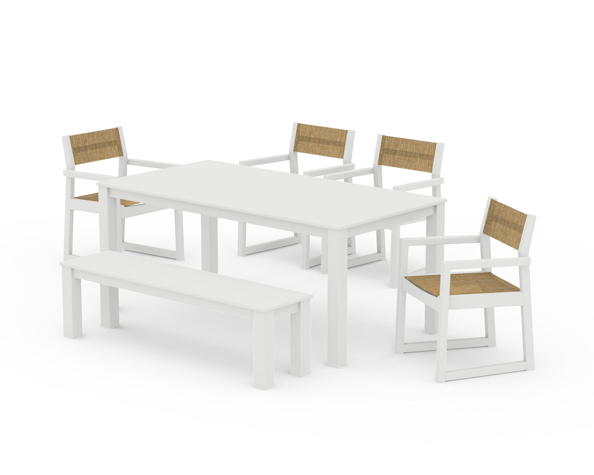 POLYWOOD EDGE Sling Arm Chair 6-Piece Parsons Dining Set with Bench in Vintage White / Burlap