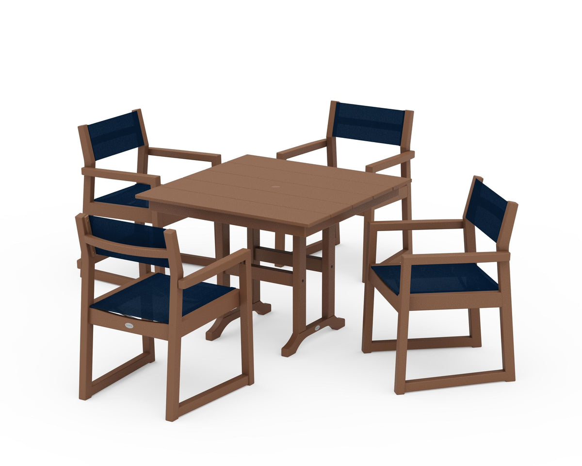 POLYWOOD EDGE Sling Arm Chair 5-Piece Farmhouse Dining Set in Teak / Navy Blue