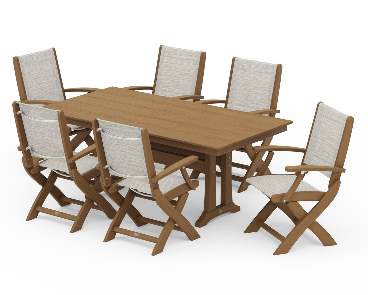POLYWOOD Coastal Folding Arm Chair 7-Piece Farmhouse Dining Set with Trestle Legs in Natural / Birch