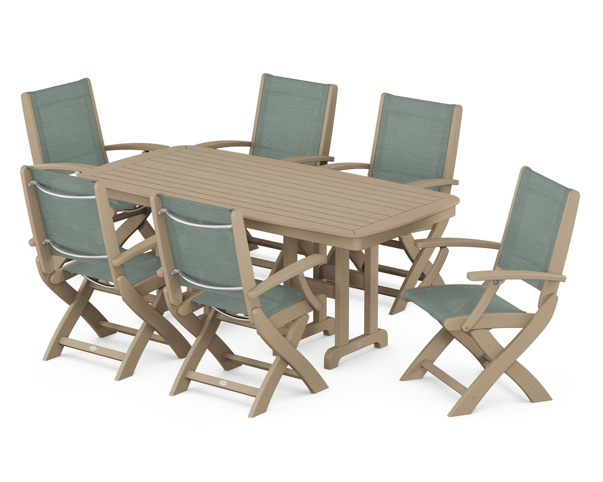 POLYWOOD Coastal Folding Arm Chair 7-Piece Dining Set in Vintage Sahara / Dupioni Sea Mist