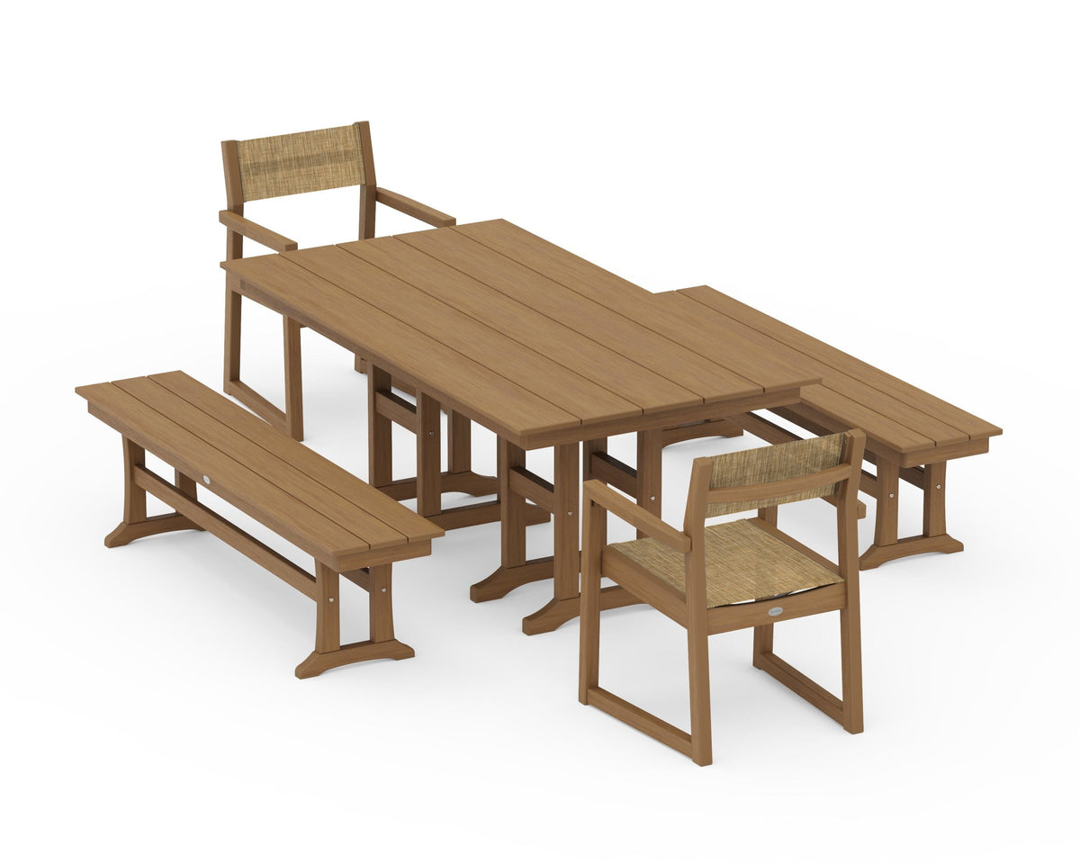 POLYWOOD EDGE Sling Arm Chair 5-Piece Farmhouse Dining Set with Benches in Natural / Burlap