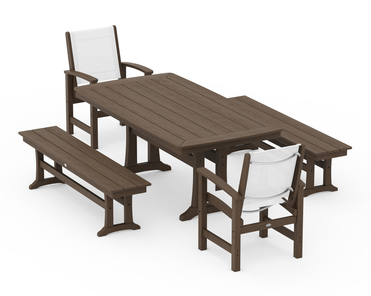 POLYWOOD Coastal 5-Piece Dining Set with Trestle Legs and Benches in Kona / White