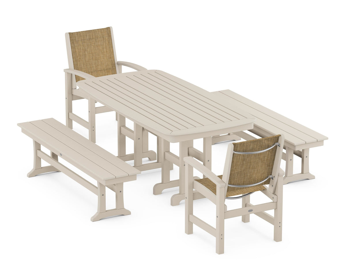 POLYWOOD Coastal 5-Piece Dining Set with Nautical 37" x 72" Dining Table in Sand / Burlap