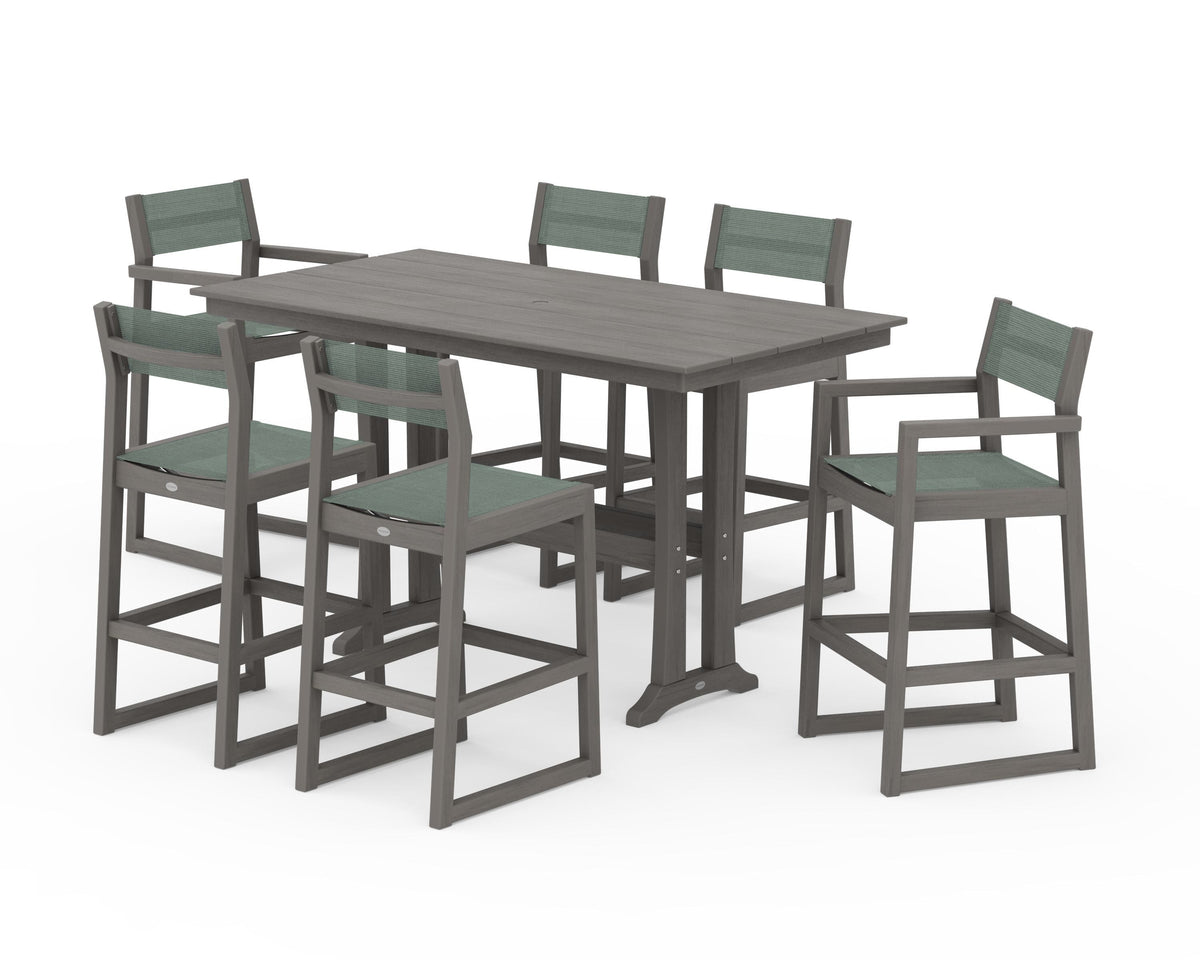 POLYWOOD EDGE Sling 7-Piece Farmhouse Bar Set with Trestle Legs in Driftwood / Dupioni Sea Mist
