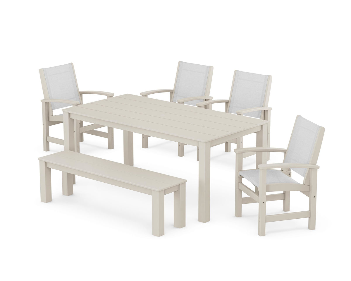 POLYWOOD Coastal 6-Piece Parsons Dining Set with Bench in Sand / White