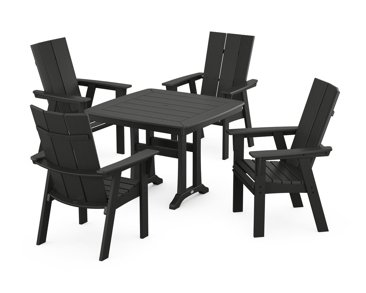 POLYWOOD Modern Adirondack 5-Piece Dining Set with Trestle Legs with Modern Curveback Adirondack Dining Chair in Black