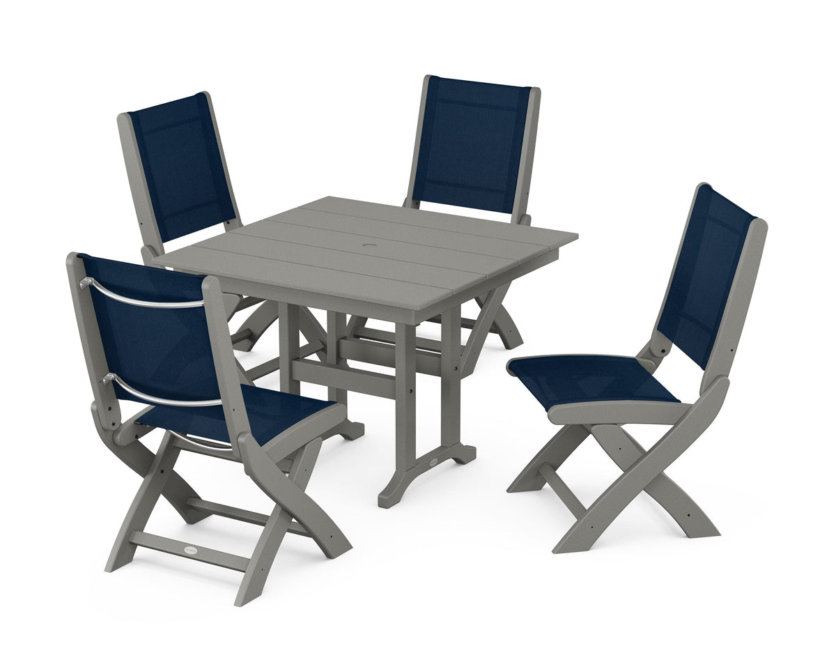 POLYWOOD Coastal Folding Side Chair 5-Piece Farmhouse Dining Set in Slate Grey / Navy Blue