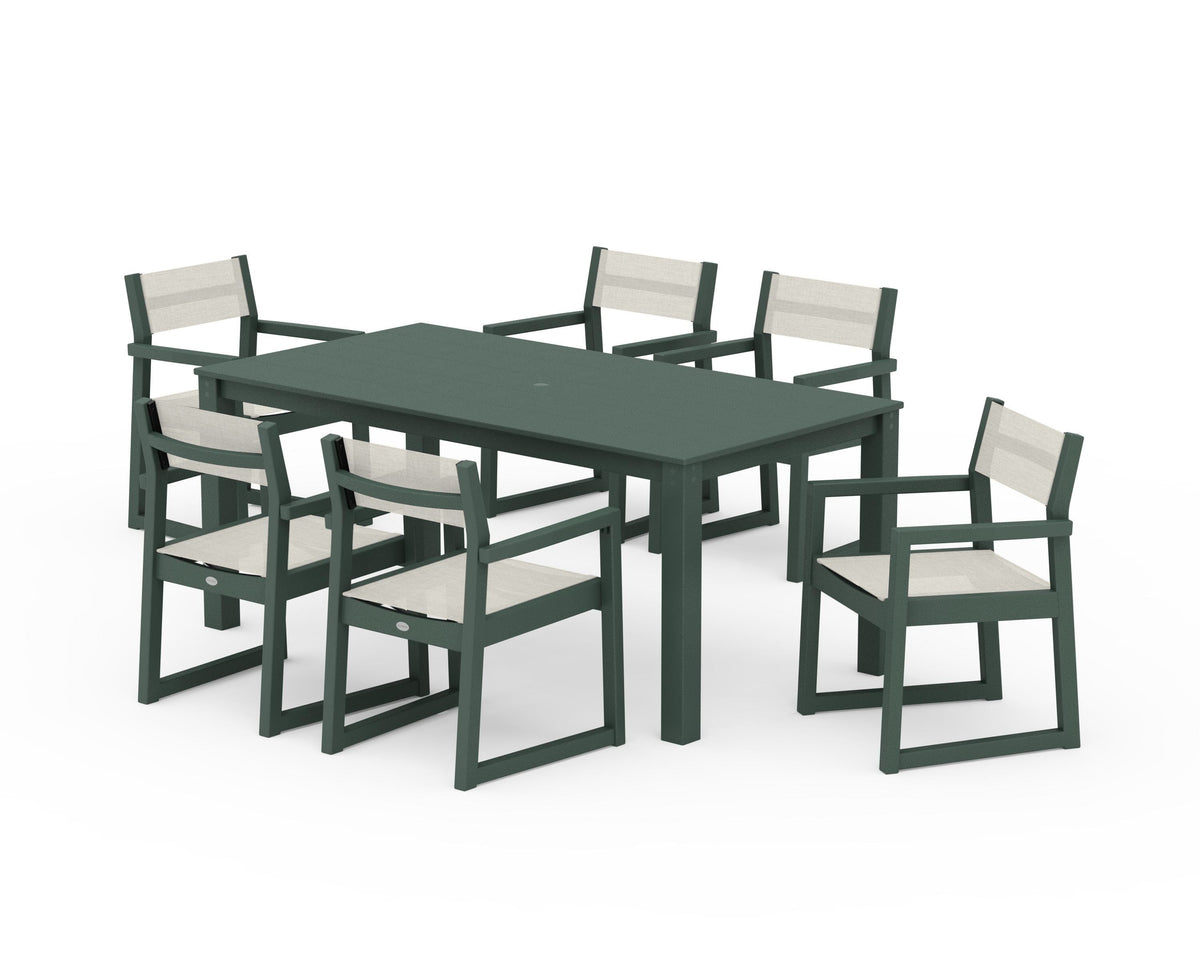 POLYWOOD EDGE Sling Arm Chair 7-Piece Parsons Dining Set in Green / Parchment