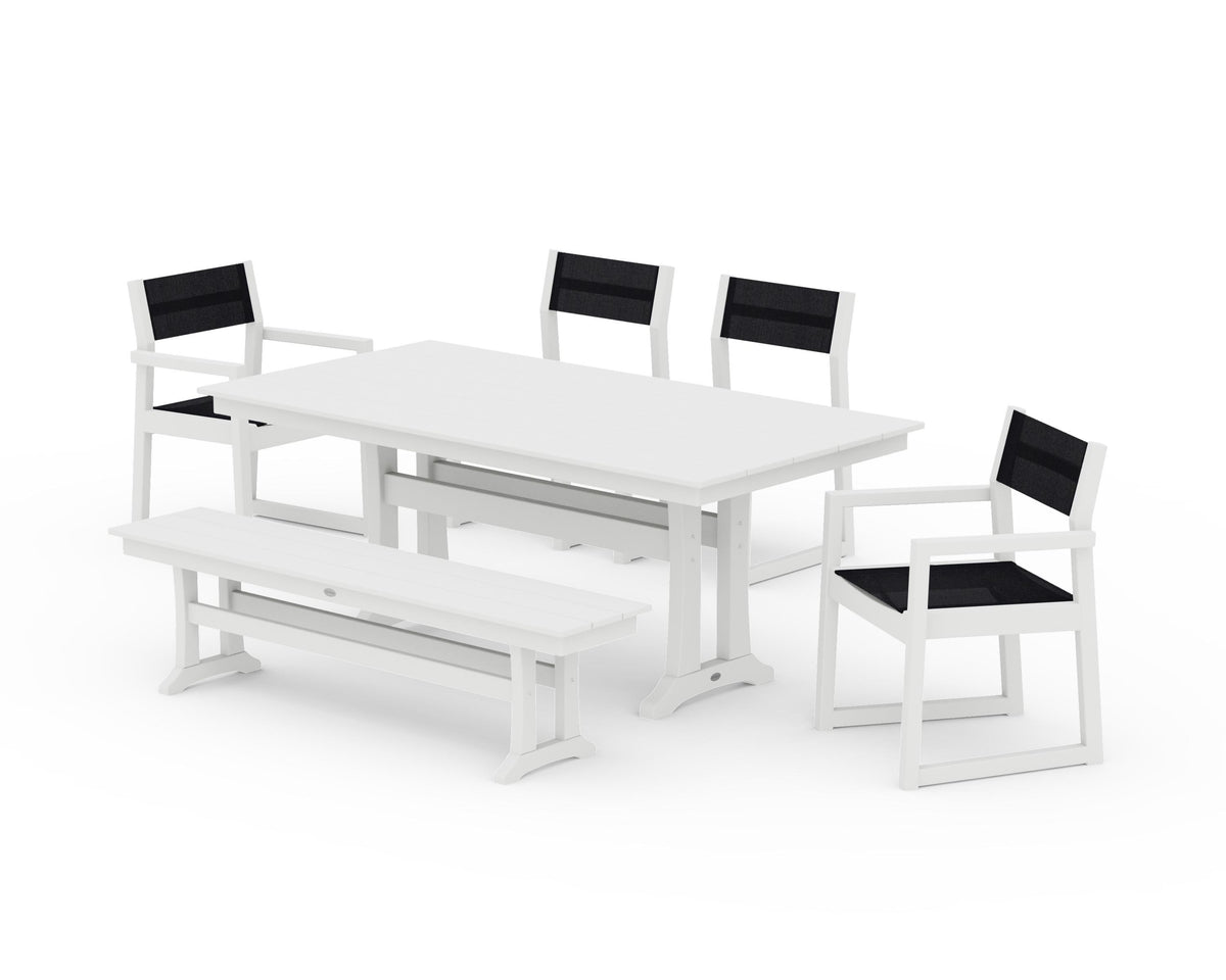 POLYWOOD EDGE Sling 6-Piece Farmhouse Dining Set With Trestle Legs in White / Black
