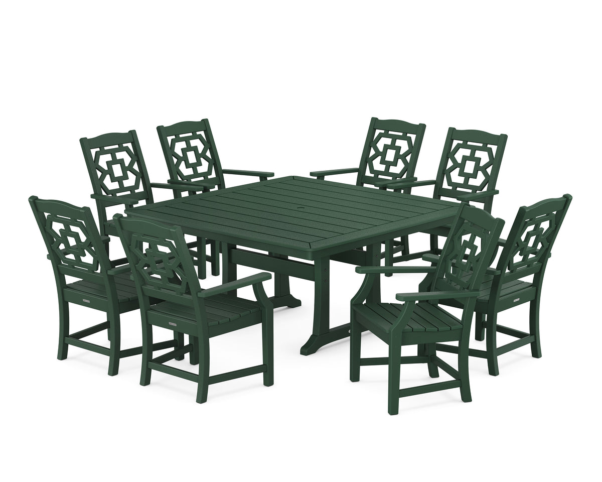 POLYWOOD Chinoiserie 9-Piece Square Dining Set with Trestle Legs in Green