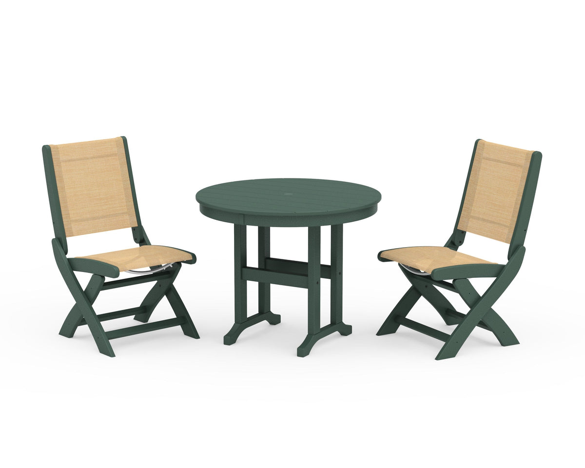 POLYWOOD Coastal Folding Side Chair 3-Piece Round Dining Set in Green / Dupioni Apricot