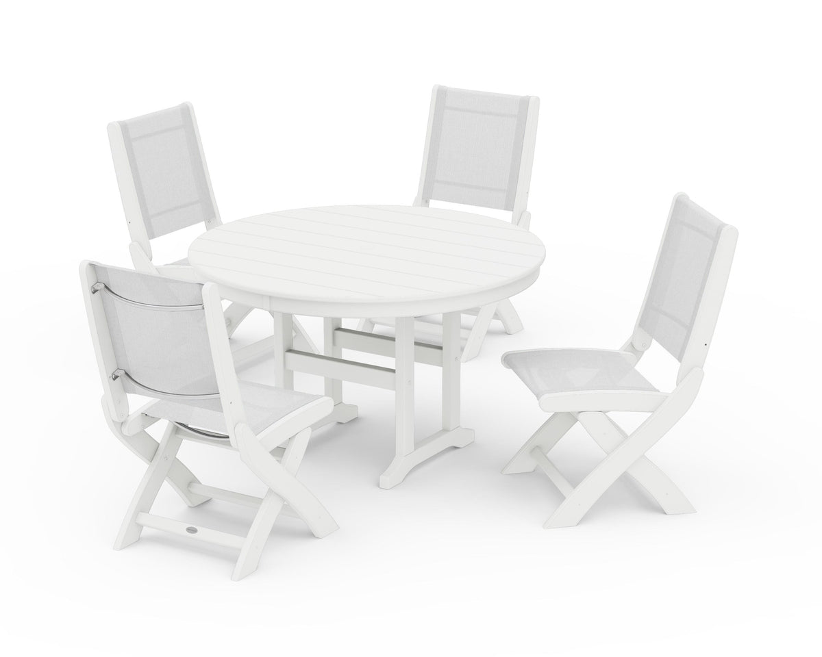 POLYWOOD Coastal Folding Side Chair 5-Piece Round Dining Set in White / White