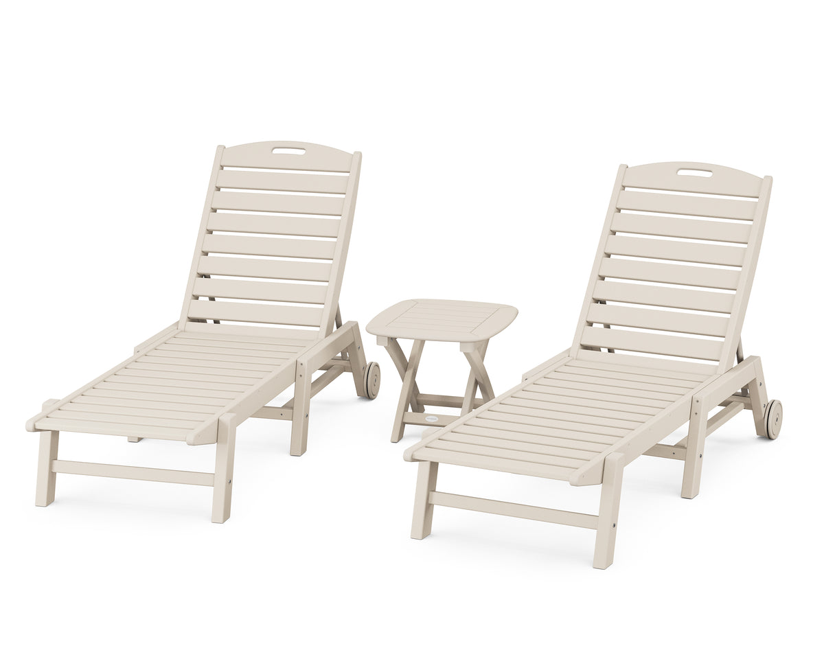 POLYWOOD Nautical 3-Piece Wheeled Chaise Set with Nautical Side Table in Sand