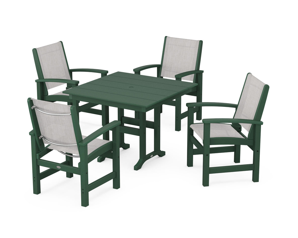 POLYWOOD Coastal 5-Piece Farmhouse Dining Set with Farmhouse 37" Dining Table in Green / Parchment