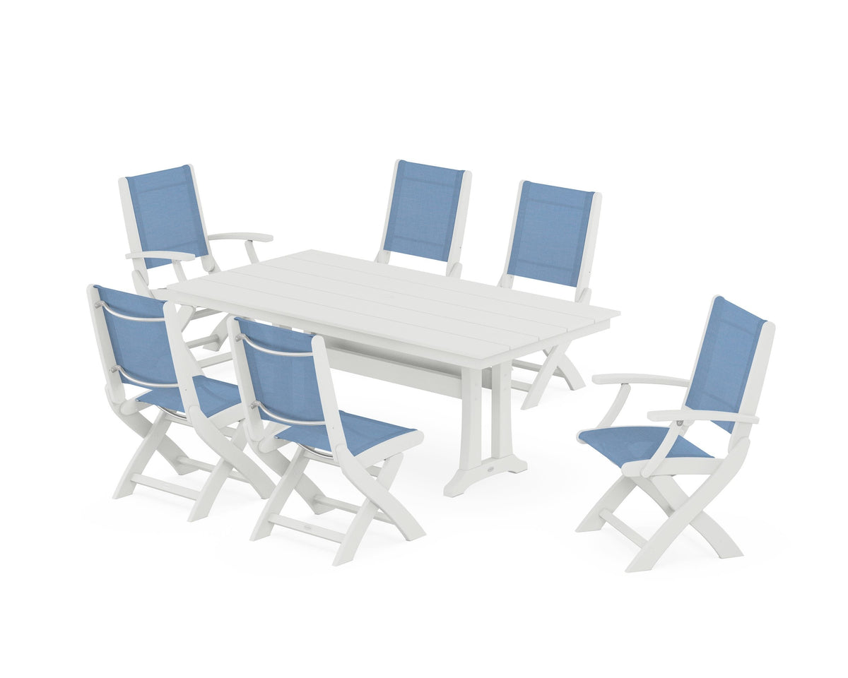 POLYWOOD Coastal Folding Chair 7-Piece Farmhouse Dining Set with Trestle Legs in Vintage White / Poolside