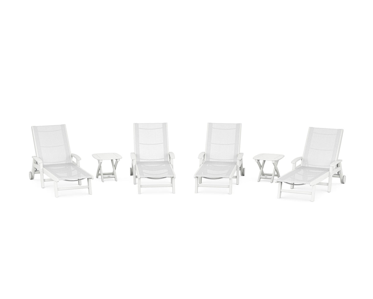 POLYWOOD Coastal Chaise 6-Piece Set with Wheels in White / White