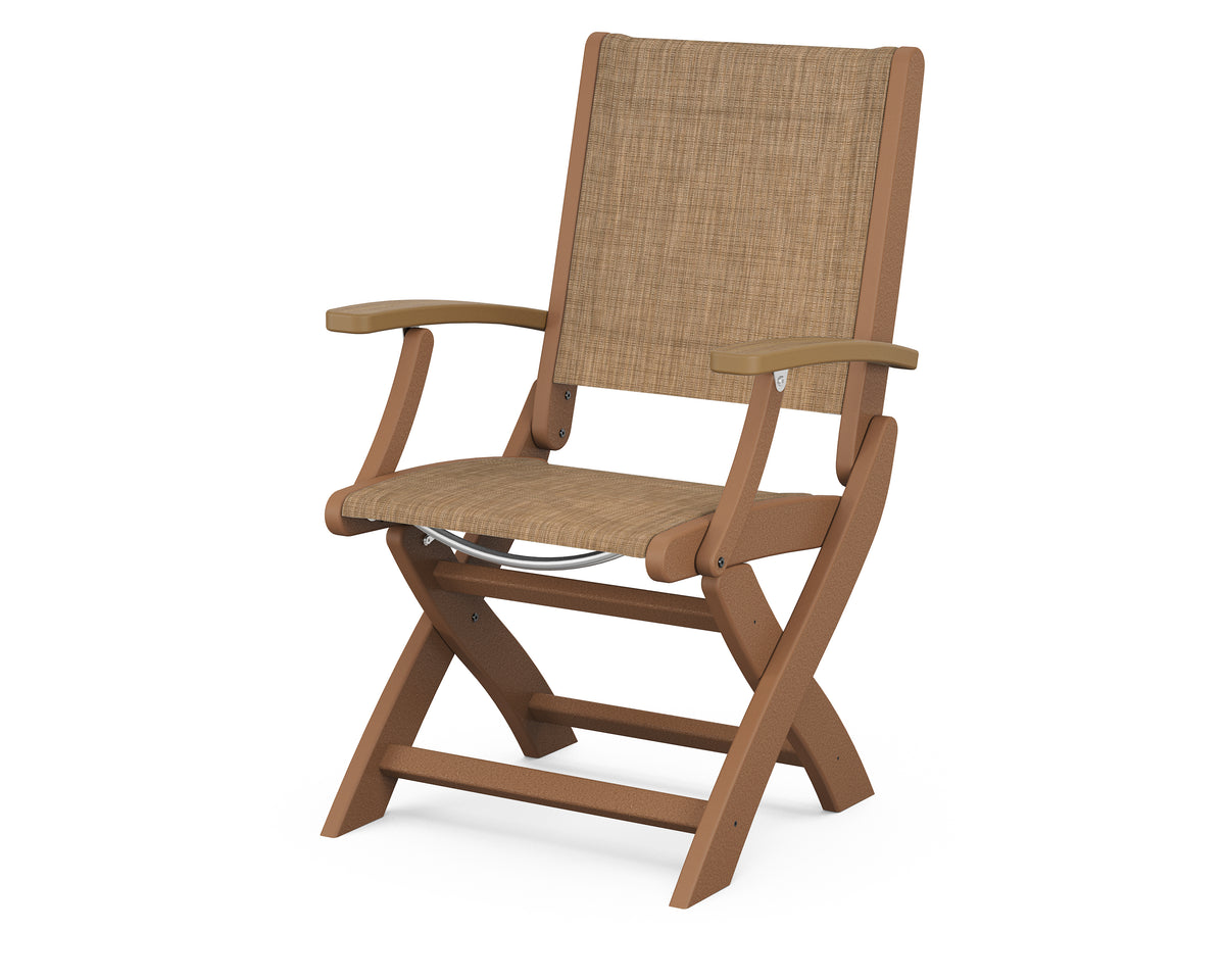 POLYWOOD Coastal Folding Chair in Teak with Natural arms and Burlap sling