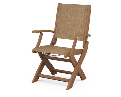 POLYWOOD Coastal Folding Chair in Teak with Natural arms and Burlap sling