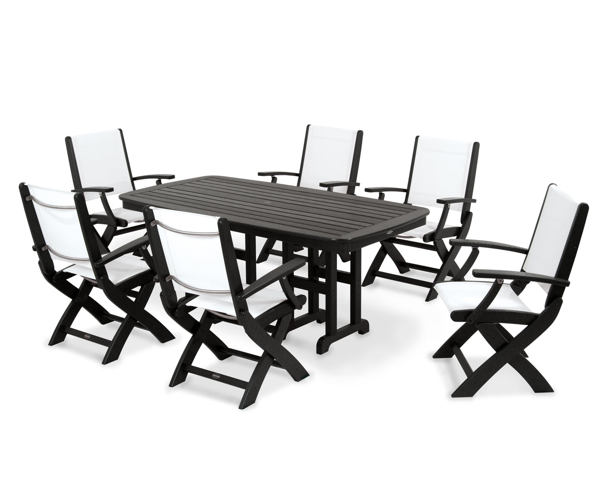 POLYWOOD Coastal Folding Arm Chair 7-Piece Dining Set in Black / White