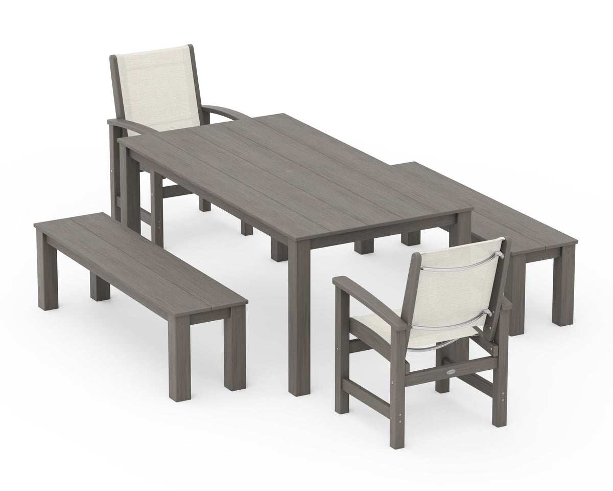 POLYWOOD Coastal 5-Piece Parsons Dining Set with Benches in Driftwood / Parchment