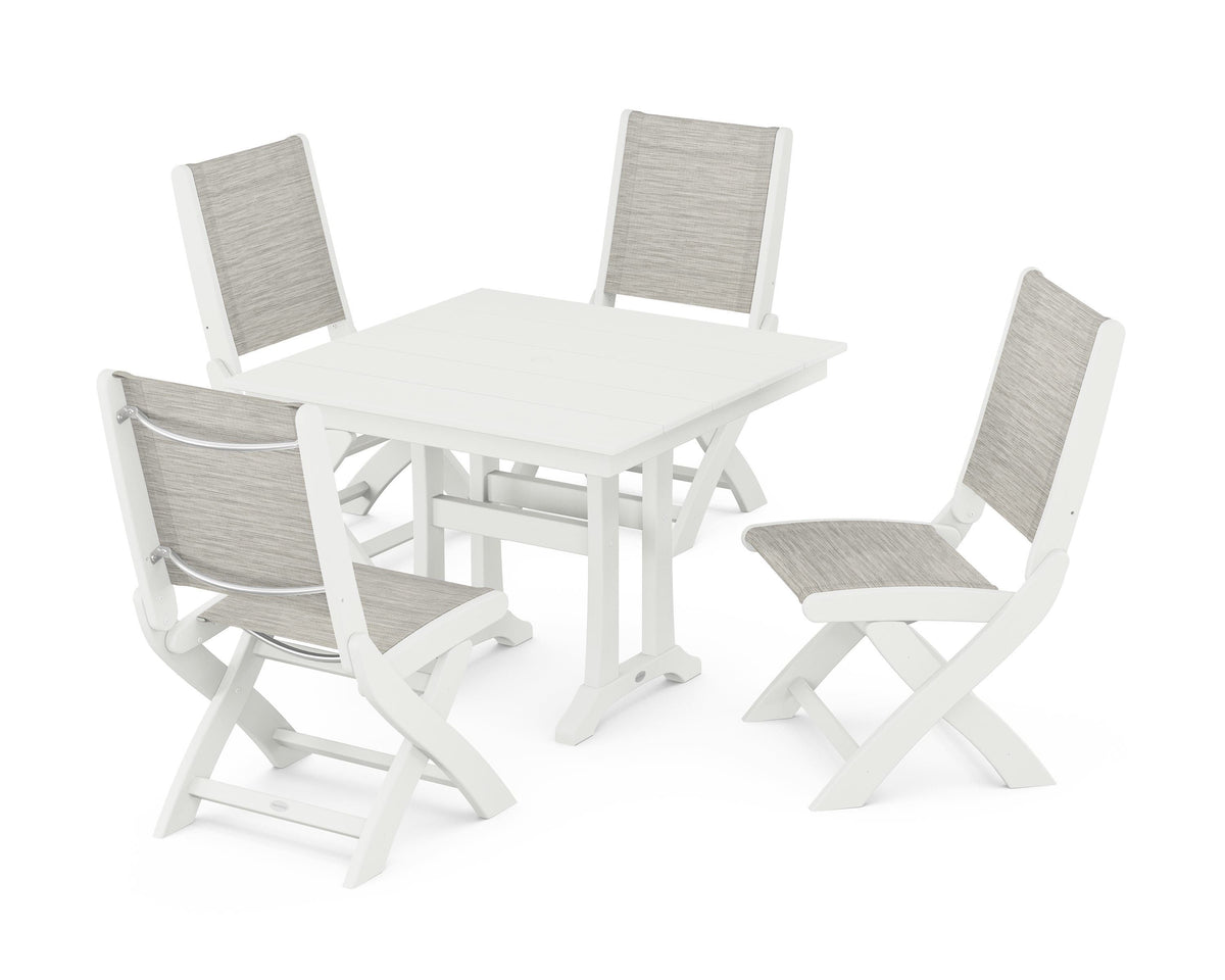 POLYWOOD Coastal Folding Side Chair 5-Piece Farmhouse Dining Set With Trestle Legs in Vintage White / Birch