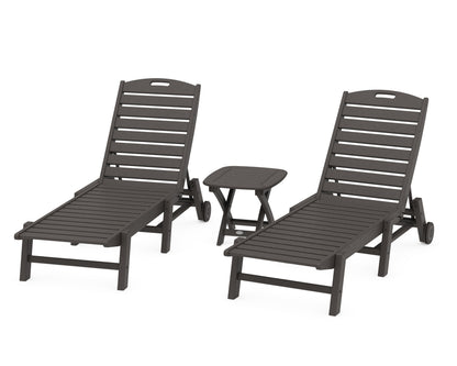 POLYWOOD Nautical 3-Piece Wheeled Chaise Set with Nautical Side Table in Vintage Coffee