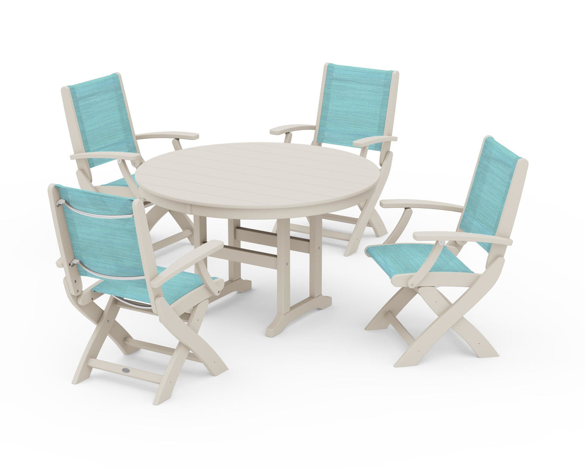 POLYWOOD Coastal Folding Chair 5-Piece Round Dining Set in Sand / Dupioni Aquamarine
