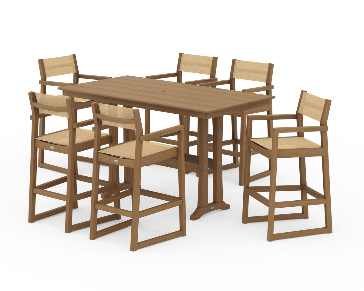 POLYWOOD EDGE Sling Arm Chair 7-Piece Farmhouse Bar Set with Trestle Legs in Natural / Dupioni Apricot