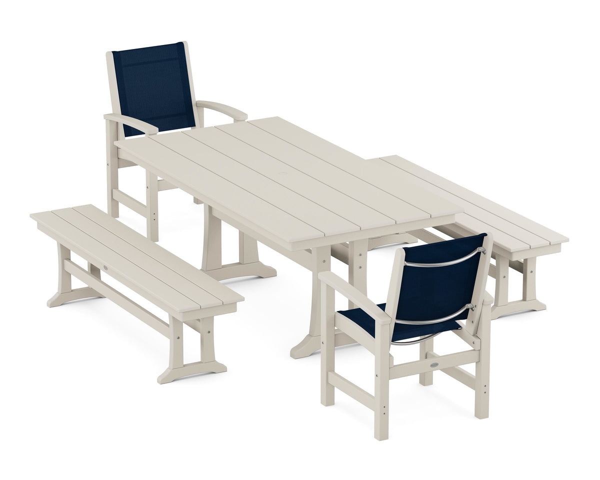 POLYWOOD Coastal 5-Piece Farmhouse Dining Set with Trestle Legs and Benches in Sand / Navy Blue