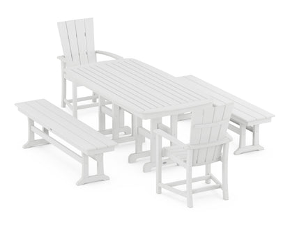 POLYWOOD Quattro 5-Piece Nautical Dining Set with Benches in White