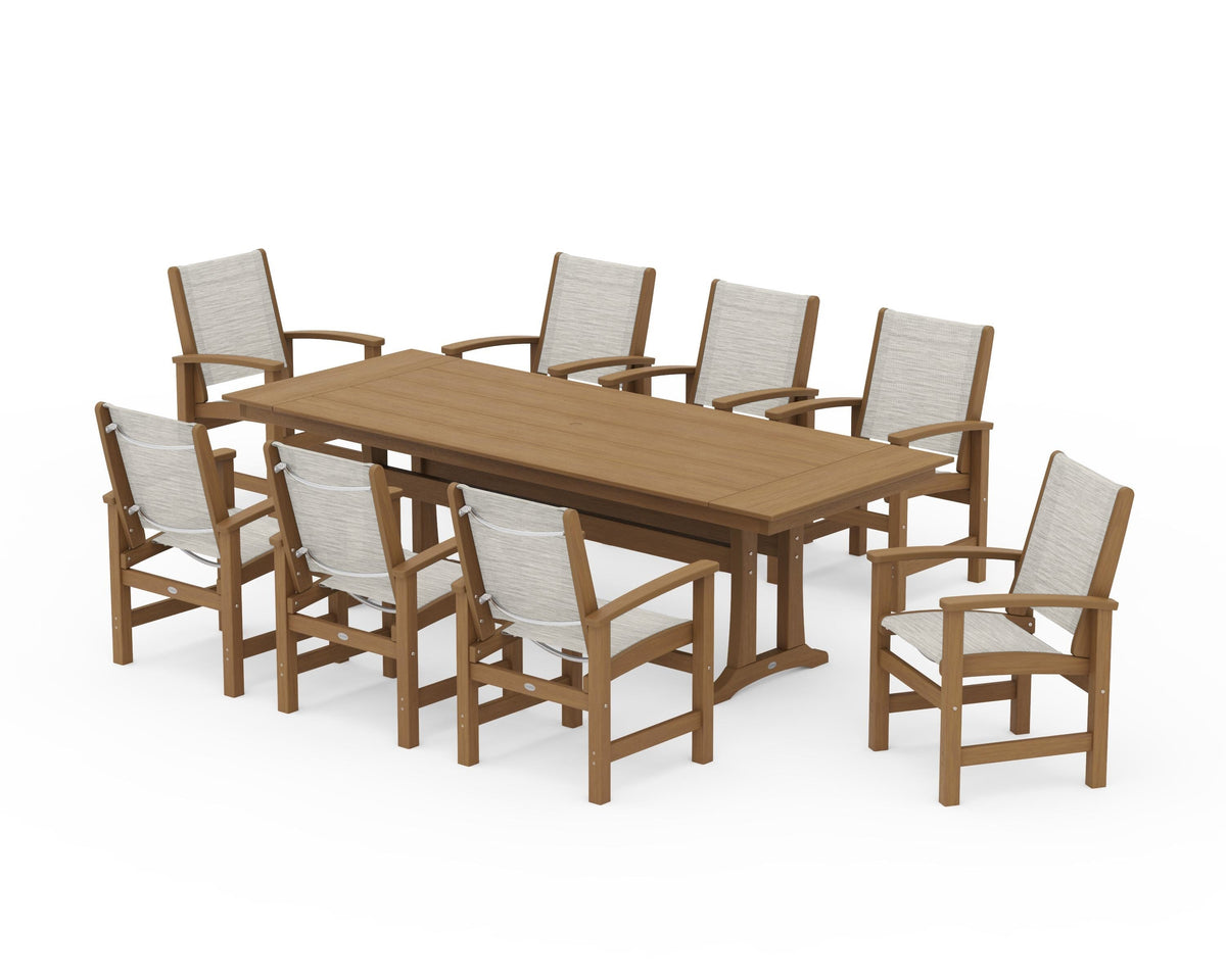 POLYWOOD Coastal 9-Piece Farmhouse Dining Set with Trestle Legs in Natural / Birch