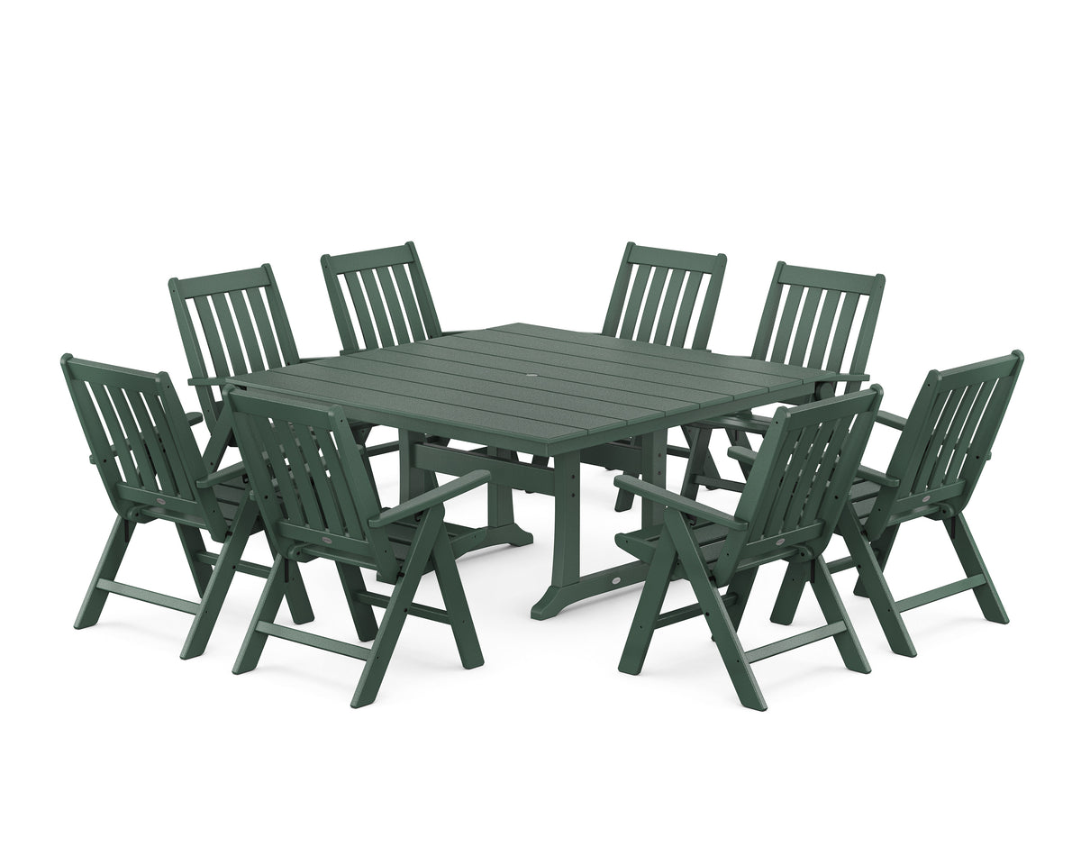 POLYWOOD Vineyard Folding Chair 9-Piece Square Farmhouse Dining Set with Trestle Legs in Green
