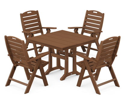 POLYWOOD Nautical Folding Highback Chair 5-Piece Farmhouse Trestle Dining Set in Teak