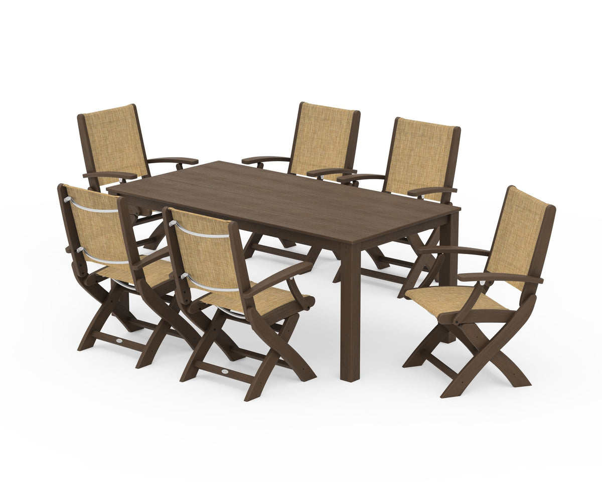 POLYWOOD Coastal Folding Chair 7-Piece Parsons Dining Set in Kona / Burlap
