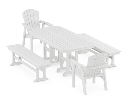 POLYWOOD Seashell 5-Piece Dining Set with Benches - 37" x 72" Table in White