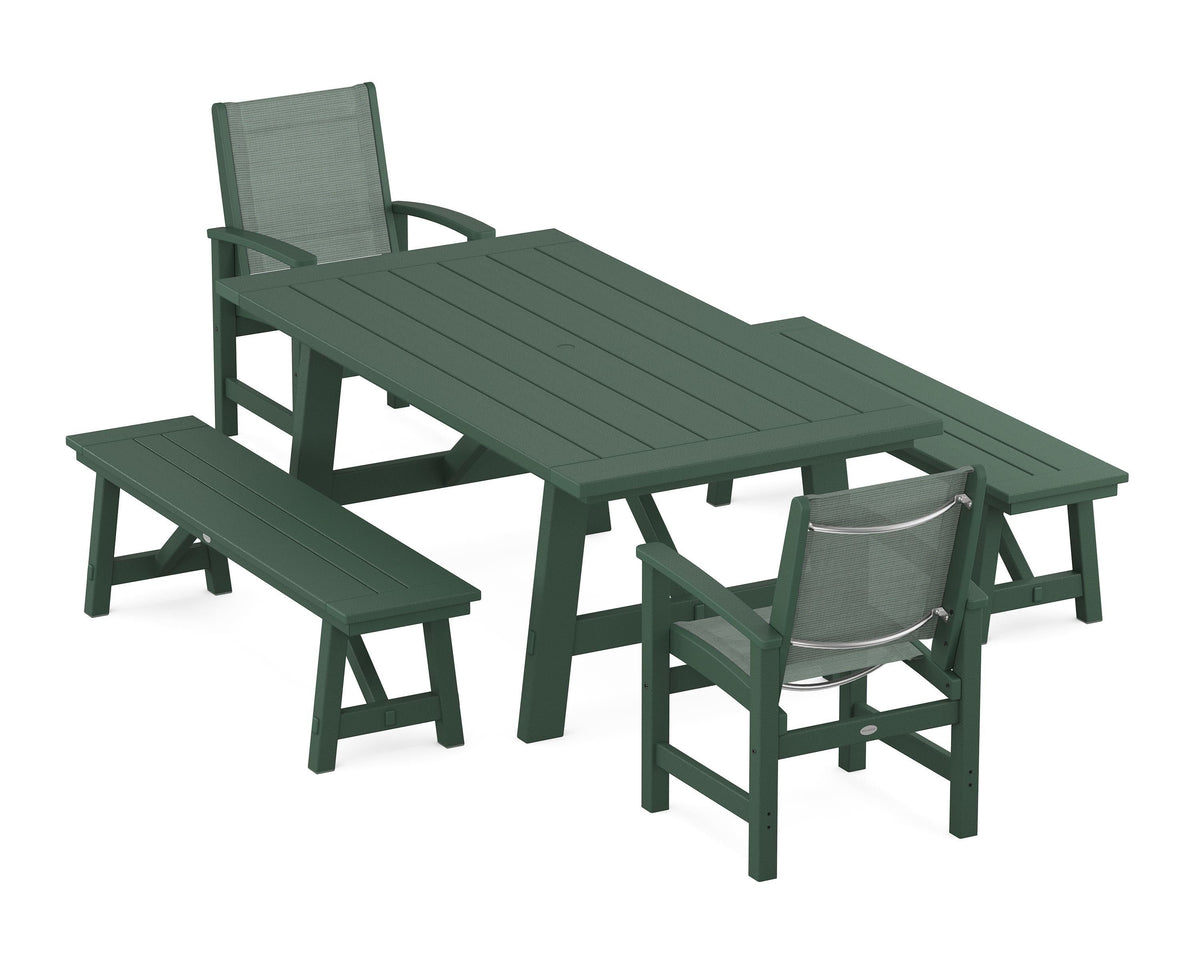 POLYWOOD Coastal 5-Piece Rustic Farmhouse Dining Set With Benches in Green / Dupioni Sea Mist