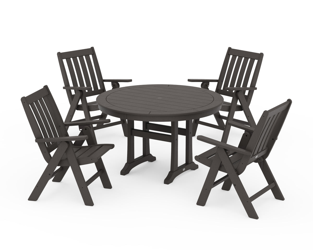 POLYWOOD Vineyard Folding Chair 5-Piece Round Dining Set with Trestle Legs in Vintage Coffee